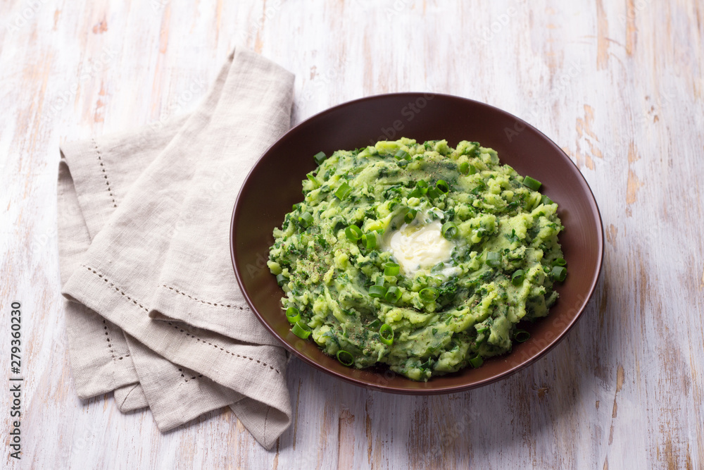 Colcannon, mashed potatoes with cale cabbage and green onions, traditional Irish dish Colcannon, mashed potatoes with cale cabbage and green onions, traditional Irish dish