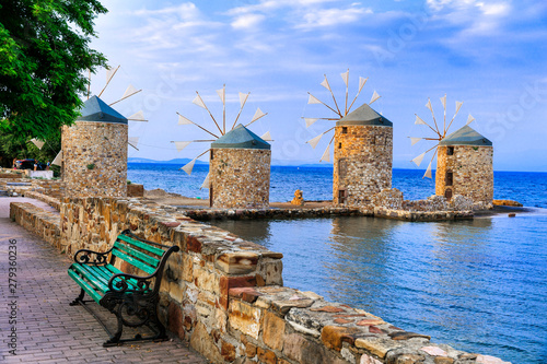 Traditional Greece series - windmills over sea in Chios island