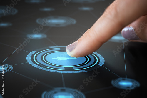 network, technology and communication concept - finger touching virtual contact icon on interactive panel
