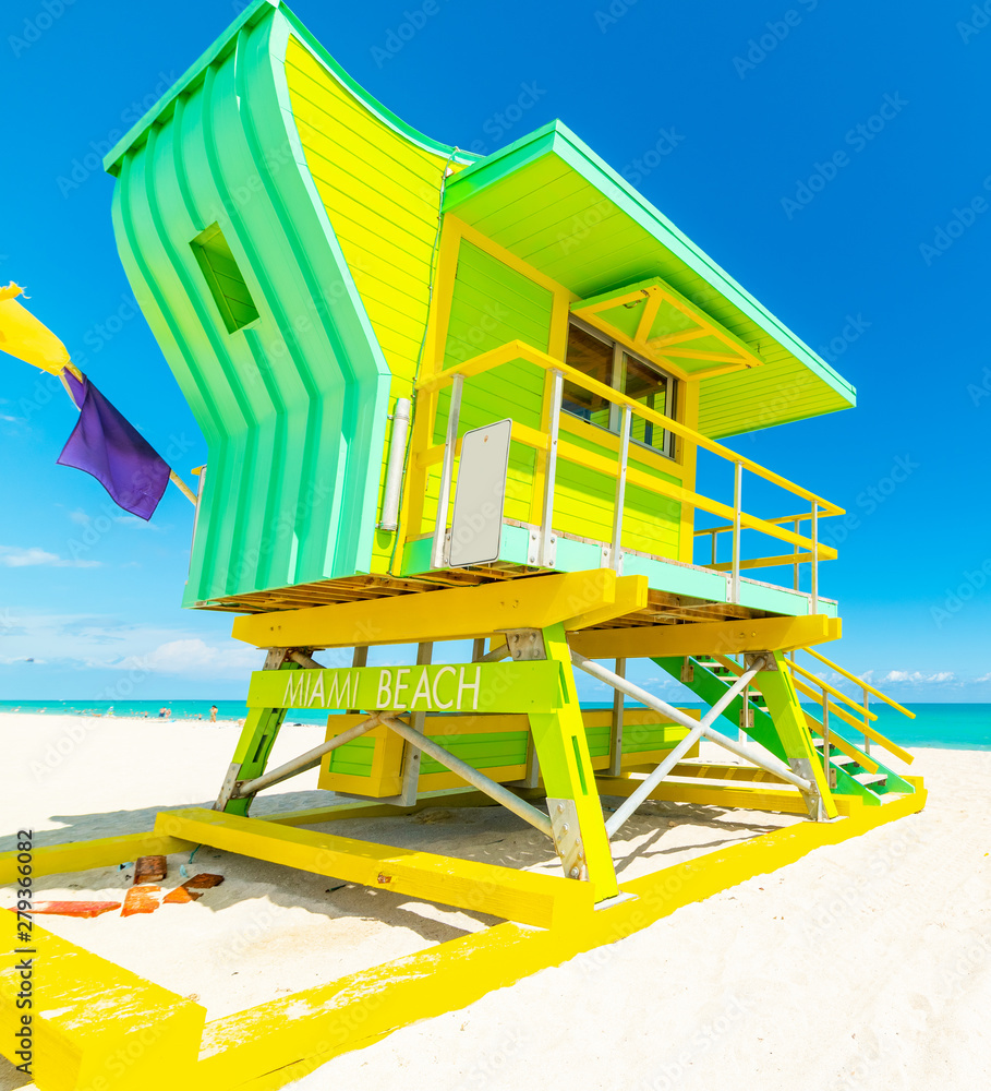 Colorful lifeguard tower under a blue sky in Miami Beach Colorful lifeguard tower under a blue sky in Miami Beach