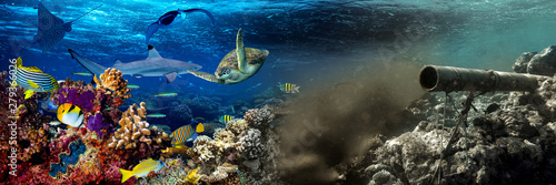 underwater sewer wastewater pipe pumping dirty waste junk water in coral reef enviroment nature protection damage and pollution. sea ocean global warming and climate change concept background © stockphoto-graf