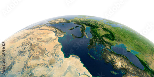 Detailed Earth on white background. Africa and Europe. Africa and Europe. The waters of the Mediterranean Sea