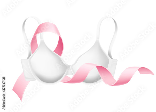 Vector breast cancer awarenes. realistic pink ribbon on white bra. Women health care support symbol. female hope satin emblem illustration