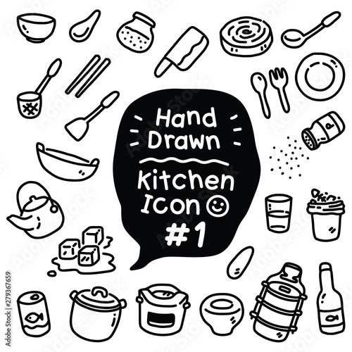 Tiny lovely cute doodle kitchen cuisine utensils vector icon set with black & white color that can be used as emoji or symbol for kids or little seamless pattern on pastel background for wrapping gift