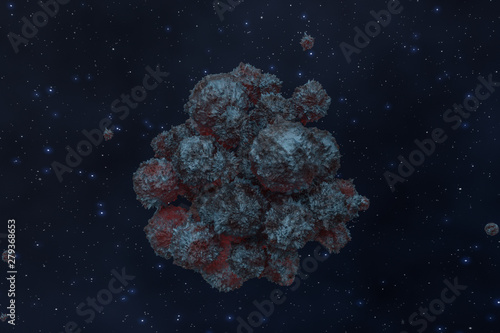 Spheres with the textured surface, random distributed, 3d rendering.