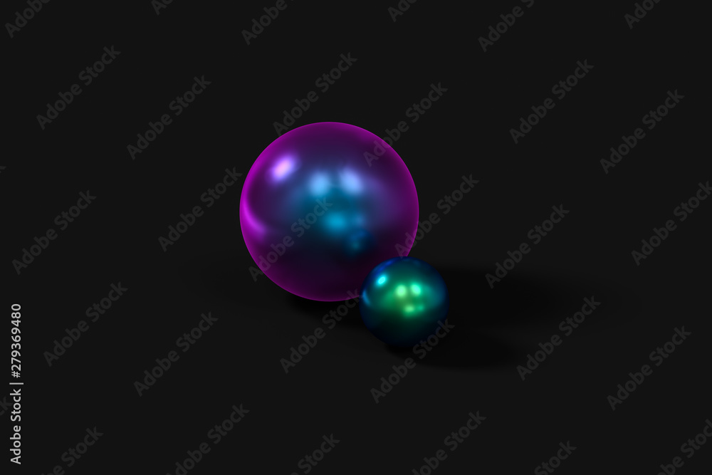 Spheres with the colorful surface, dark background, 3d rendering.