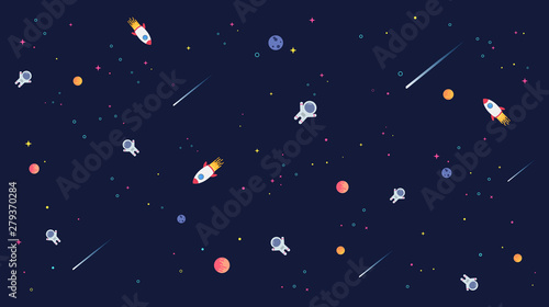 Star universe with rocket, astronaut and planet in galaxy background pattern illustration. Flat design for kid.