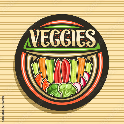 Vector logo for Veggies, dark tag with illustration of raw vegetables group in a row, decorative typeface for word veggies, design signage for farming store with different chopped vegetables flat lay.