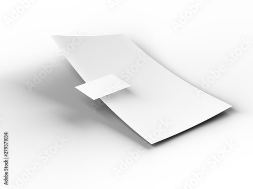 Empty paper sheet in A4 format with bussines card. 3d illustration