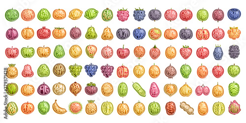 Vector set of fresh Fruits, 90 cut out illustration of organic fruits and berries, group of colorful design stickers for drinks and ice cream dessert, variety text in shape of cartoon healthy fruit.