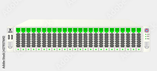 Carrier-class server size 2u white with twenty-four 2.5 inch hard drives for mounting in a 19-inch rack. Vector illustration.