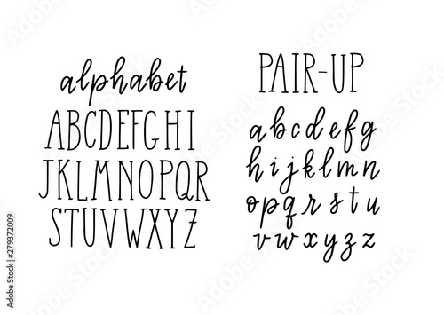 Trendy alphabet lettering. Block capital letters and script lowercase. Fun doodle childlike pair for journaling, posters, quotes and prints