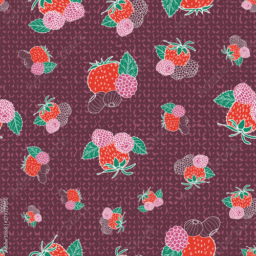 Berries and leaves seamless vector pattern background.