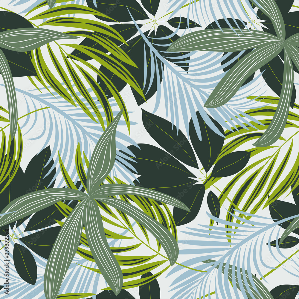Fototapeta premium Trend abstract seamless pattern with colorful tropical leaves and plants on pastel background. Vector design. Jungle print. Floral background. Printing and textiles. Exotic tropics. Fresh design.