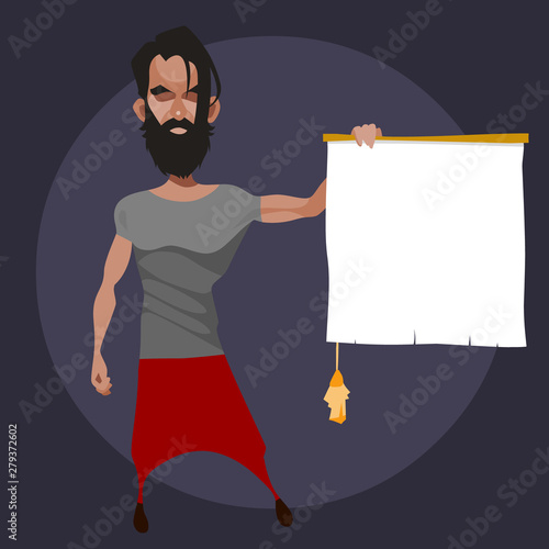 cartoon bearded man holds in his hand an empty scroll with a tassel