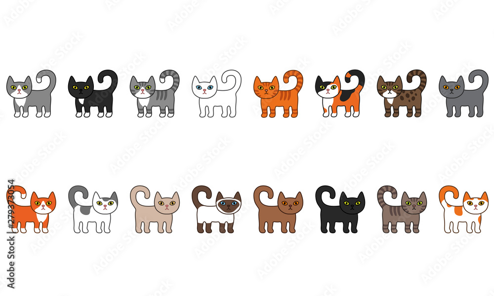 Various cats seamless border set. Cute and funny cartoon kitty cat vector illustration set with different cat breeds. Pet kittens of different colours. 