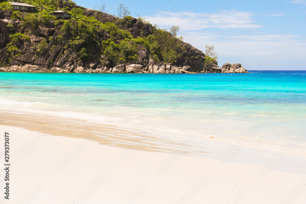 Landscape of beautiful exotic tropical beach at Seychelles