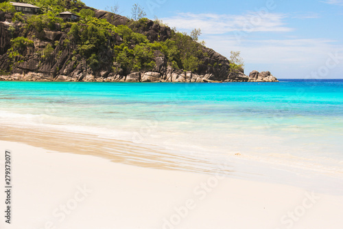 Landscape of beautiful exotic tropical beach at Seychelles