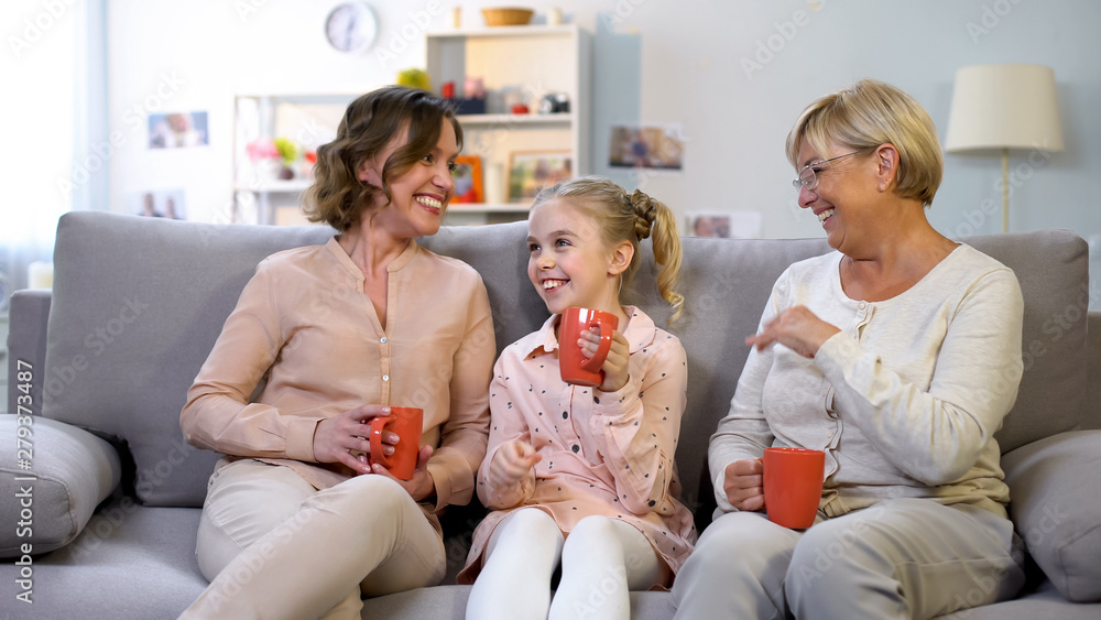 Female family members communicating and laughing, sitting on sofa with cups Female family members communicating and laughing, sitting on sofa with cups