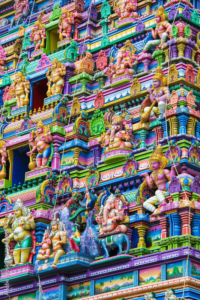 Colorful wall and figures on the facade of Hindu temple in Victoria at Seychelles