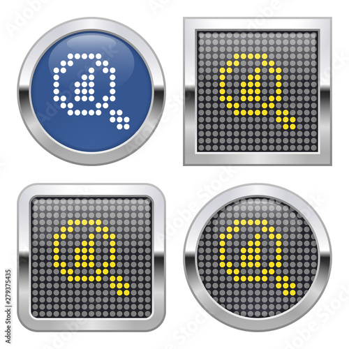 Dotted icon of increase magnifying glass on glossy button in four variants