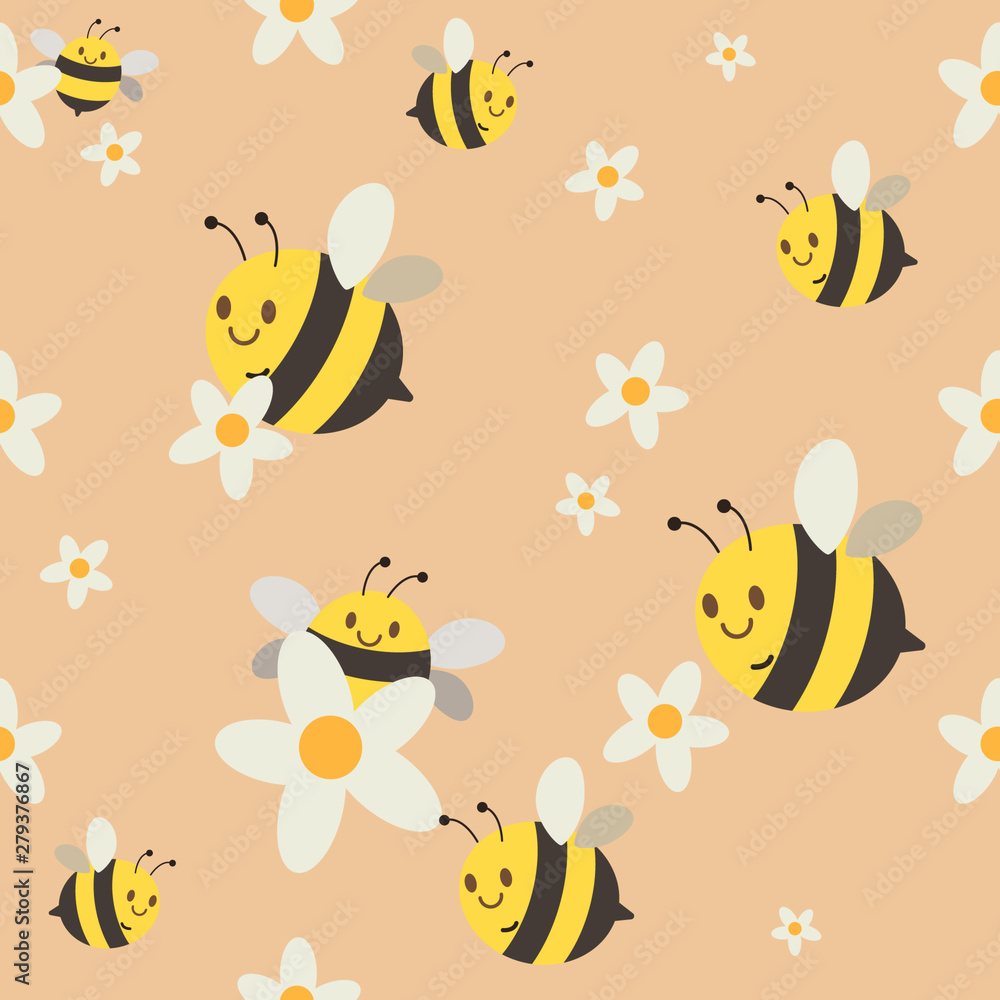 a seamless pattern of group of cute chatacter bee flying on the orange background.the patten of white flower. yellow bee and white flower in the frame. a cute character of bee in flat vector style