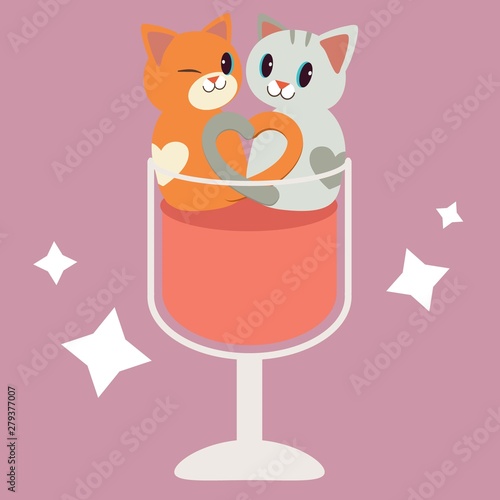 a character of couple cute cat sitting on the transparent wine glass .and They look happy on the transparent wine glass.The red wine have wink effects around the glass. cute cat in flat vector style