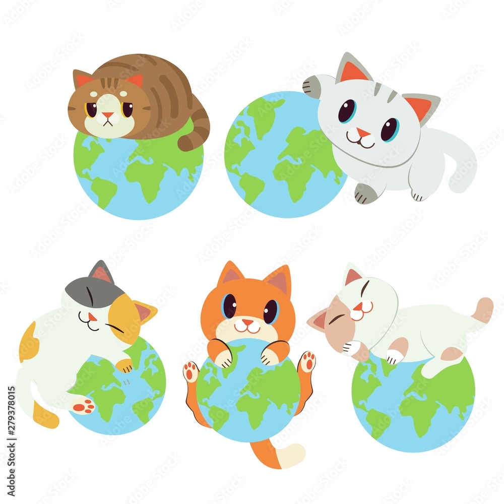 Collection of World is mine. The character cute cat sleepping on the earth. save the earth form cats. cat sitting and sleeping and hug with the ball look like the earth. cute cat in flat vector style.