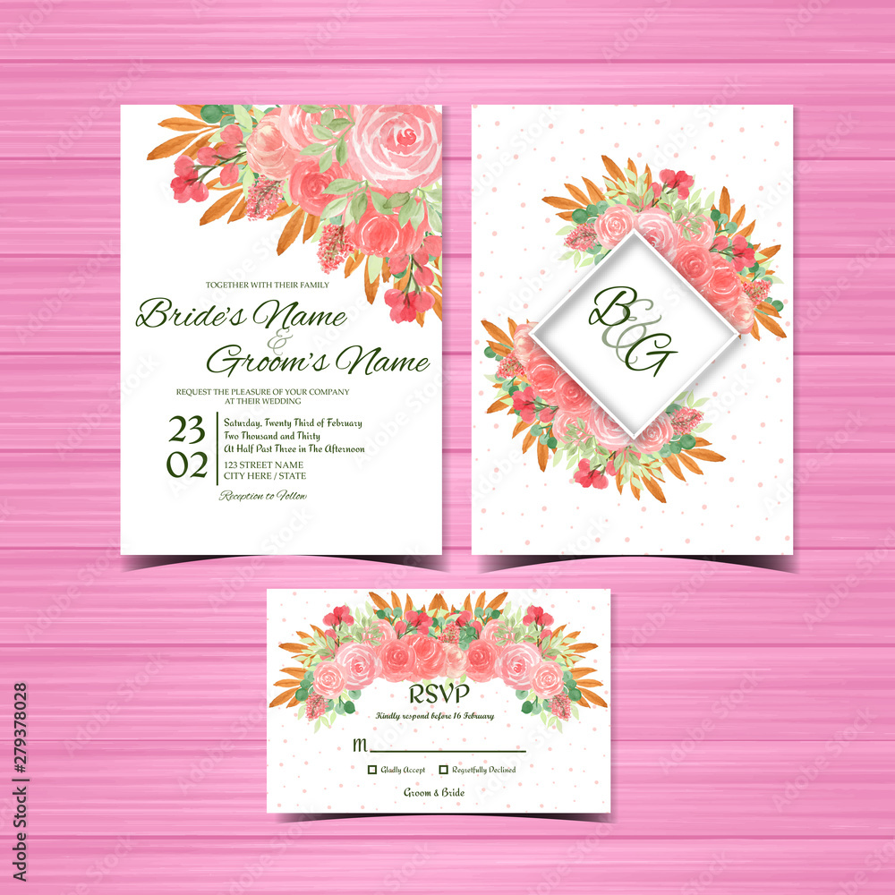 set of vintage floral wedding invitation cards with gorgeous watercolor flowers