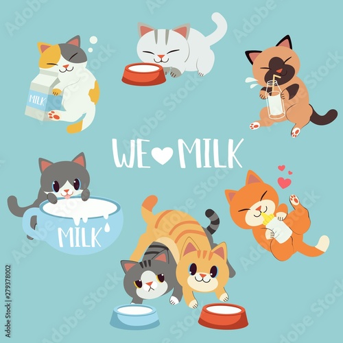 The collection of  cute cat love milk. some cat hugging a bottle of milk and box on the floor. some cat drinking a milk form bowl and big cup .cute cat in flat vector style.