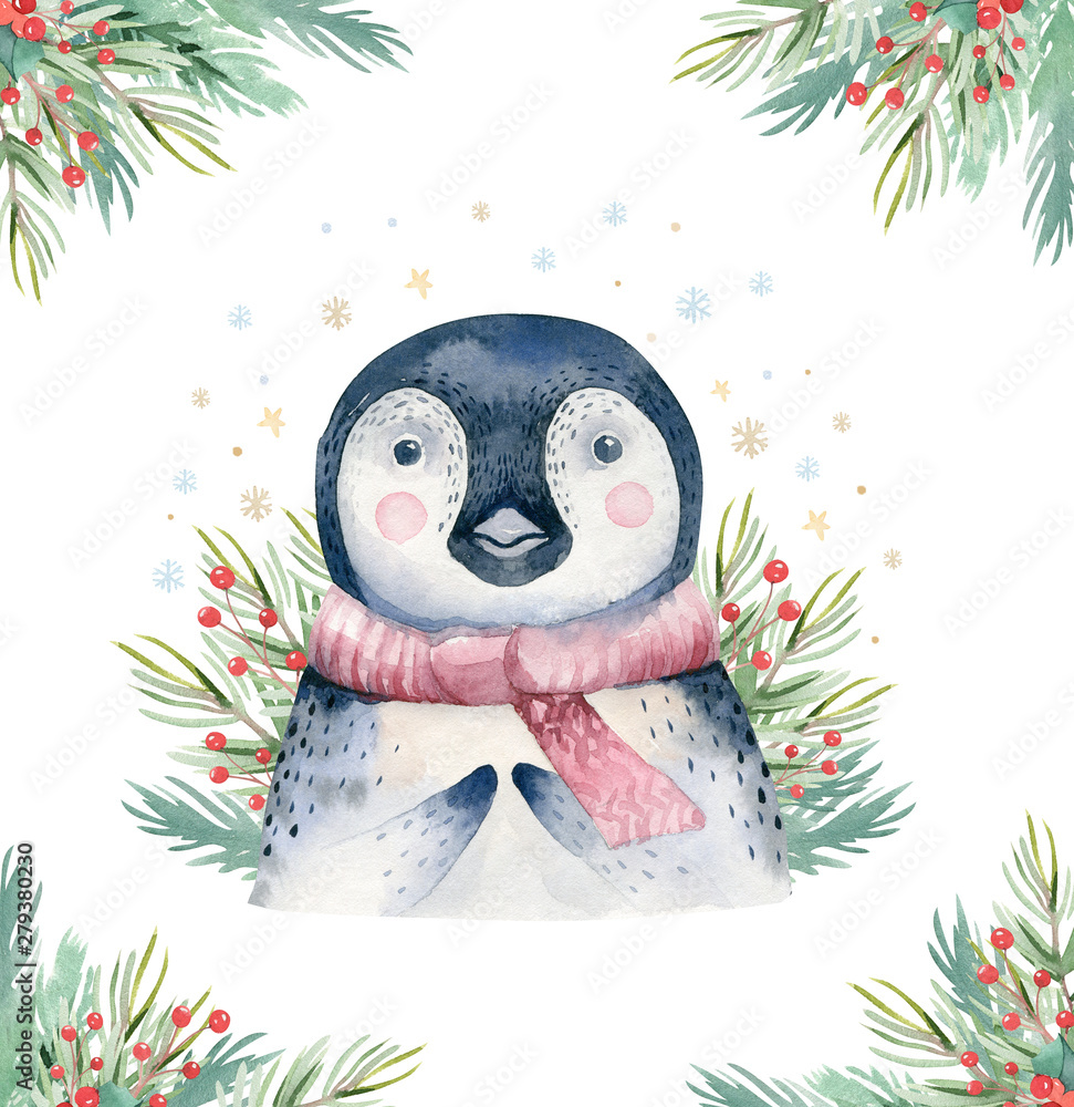 Watercolor cute baby penguin cartoon animal portrait design. Winter holiday card on white background. New year decoration, merry christmas element