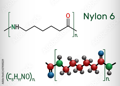 Nylon 6 or polycaprolactam polymer molecule. Structural chemical formula and molecule model
