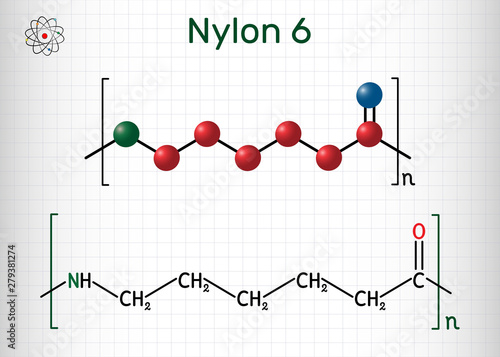 Nylon 6 or polycaprolactam polymer molecule. Structural chemical formula and molecule model. Sheet of paper in a cage
