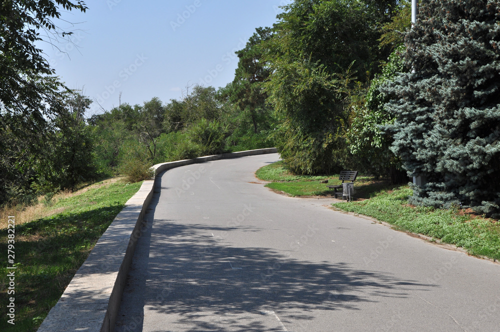 Summer park landscape with green trees and asphalt road turning right Summer park landscape with green trees and asphalt road turning right