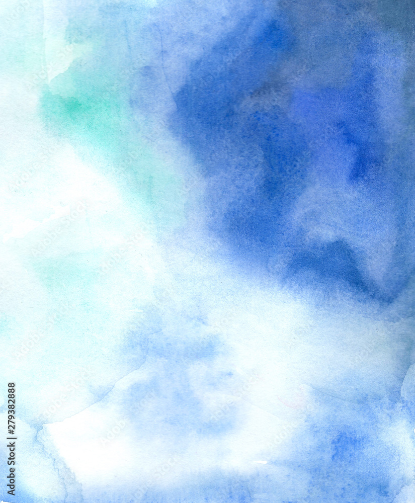 Gradient abstract cloudy background. Hand-drawn, watercolor texture of the blue and violet sky, watercolor stains. 