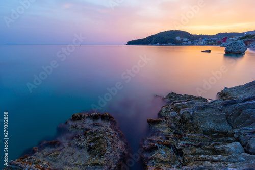 view on beautiful beach in Himare during sunset, Albania, long exposure