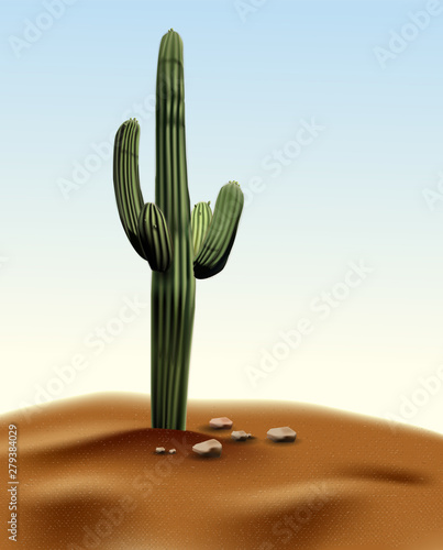 Realistic desert cactus Carnegia giant. Plant of desert among sand and rocks in habitat. Realistic 3d volume illustration on sky background. saguero photo