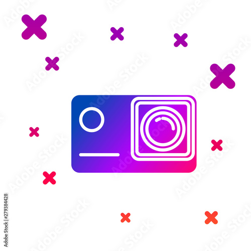 Color Action extreme camera icon isolated on white background. Video camera equipment for filming extreme sports. Gradient random dynamic shapes. Vector Illustration