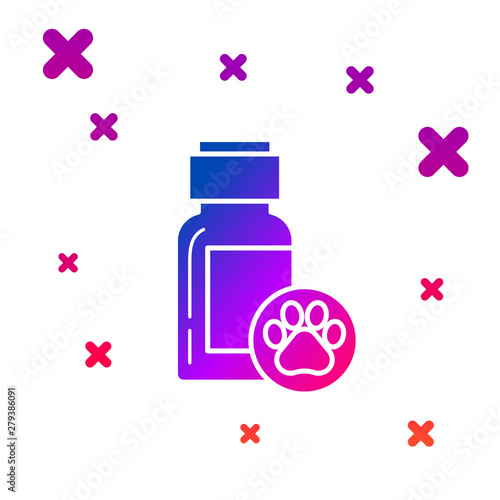 Color Dog medicine bottle icon isolated on white background. Container with pills. Prescription medicine for animal. Gradient random dynamic shapes. Vector Illustration