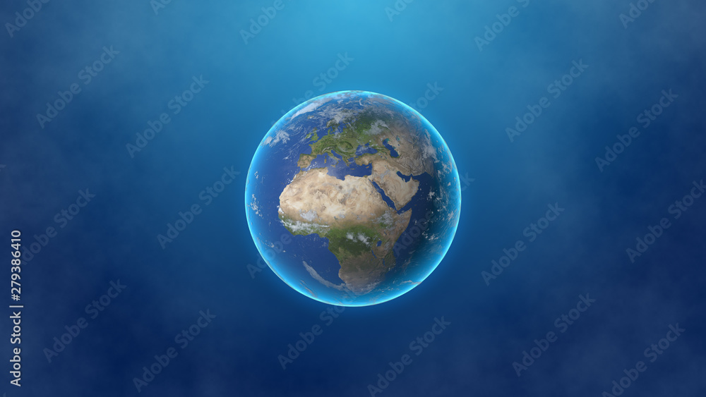 Naklejka premium 3D illustration of globe of Earth planet with cloud of digital around. Concept of big data
