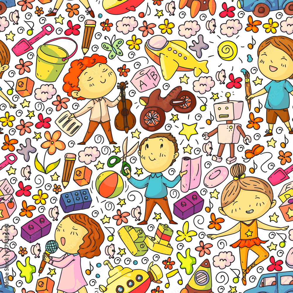 Painted by hand style seamless pattern on the theme of childhood. Vector illustration for children design. Painted by hand style seamless pattern on the theme of childhood. Vector illustration for children design.