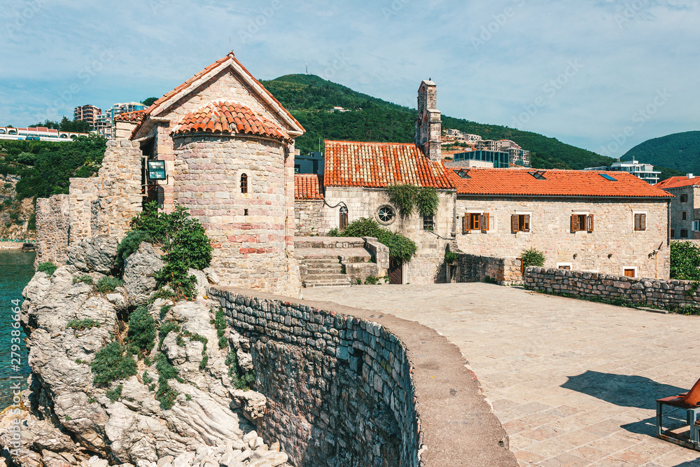 Old historical buildings in the central district of ancient city Budva, Montenegro