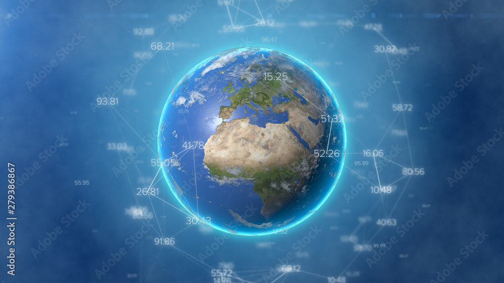 3D illustration of globe of Earth planet with cloud of digital around. Concept of big data 3D illustration of globe of Earth planet with cloud of digital around. Concept of big data