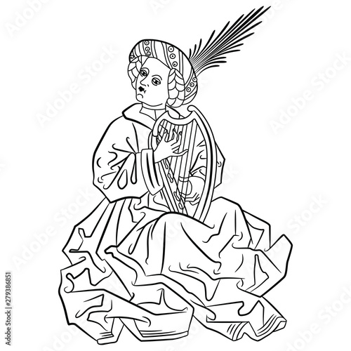 Medieval young man playing the harp. Black and white silhouette.