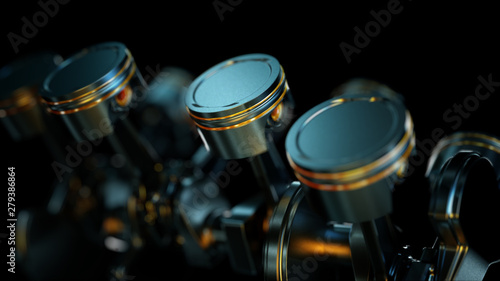 3D illustration of close-up of engine in slow motion, pistons and valves. photo