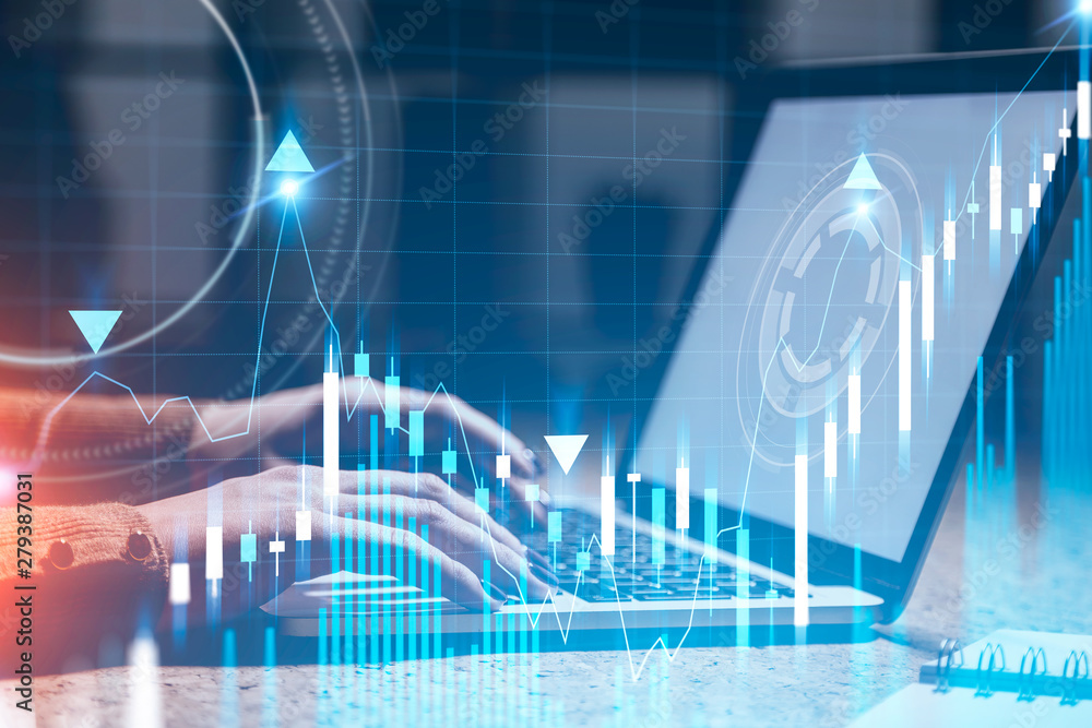 Woman typing in office, graph and HUD interface Woman typing in office, graph and HUD interface