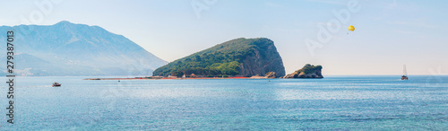 Colorful summer seascape with turquoise water of Adriatic sea and Sveti Nikola island near Budva city in Montenegro