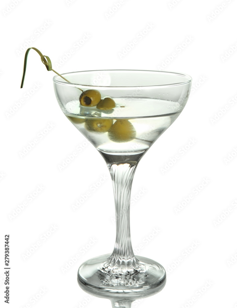 Martini with an olive on a white background