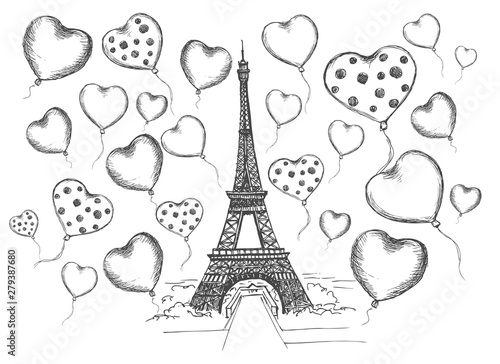 Set of hand drawn French icons, Paris sketch illustration. Hearts balloons hand drawn illustration