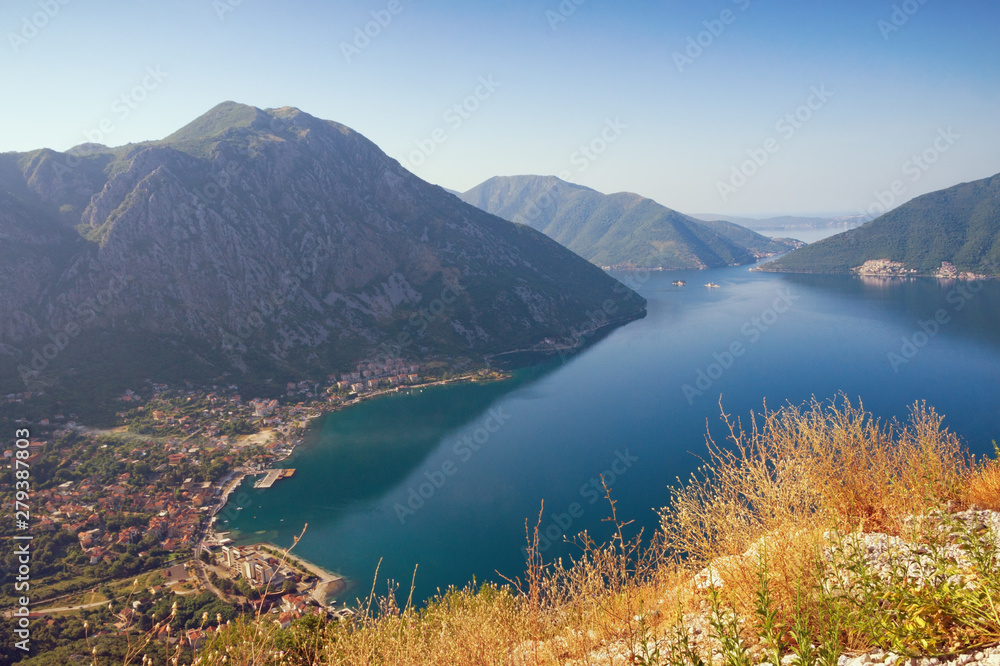 Beautiful summer Mediterranean landscape.  Montenegro, view of Kotor Bay and Risan town from a mountain slope